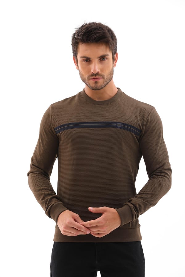 Erkek Haki Renk Mare Jaker Kumaş - Bisiklet Yaka Uzun Kol, Gögüste Şerit Nakış Sweat - 7657