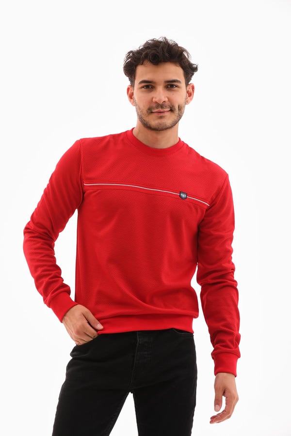 Erkek Kırmızı Renk Mare Jaker Kumaş - Bisiklet Yaka Uzun Kol, Gögüste Şerit Nakış Sweat - 7657
