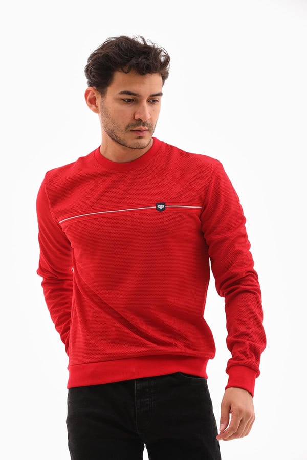 Erkek Kırmızı Renk Mare Jaker Kumaş - Bisiklet Yaka Uzun Kol, Gögüste Şerit Nakış Sweat - 7657