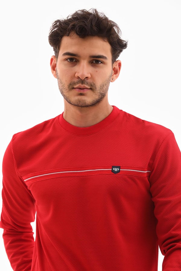 Erkek Kırmızı Renk Mare Jaker Kumaş - Bisiklet Yaka Uzun Kol, Gögüste Şerit Nakış Sweat - 7657