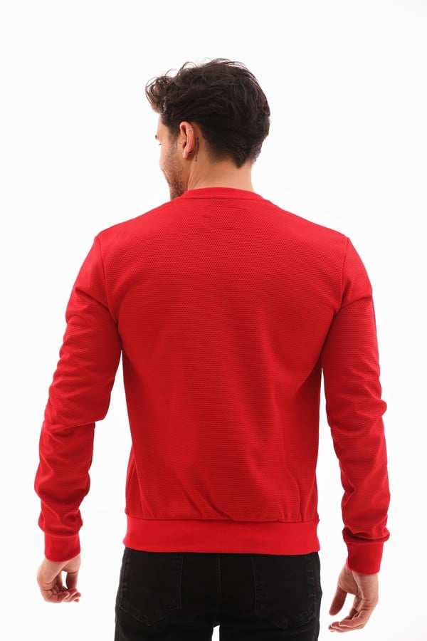 Erkek Kırmızı Renk Mare Jaker Kumaş - Bisiklet Yaka Uzun Kol, Gögüste Şerit Nakış Sweat - 7657