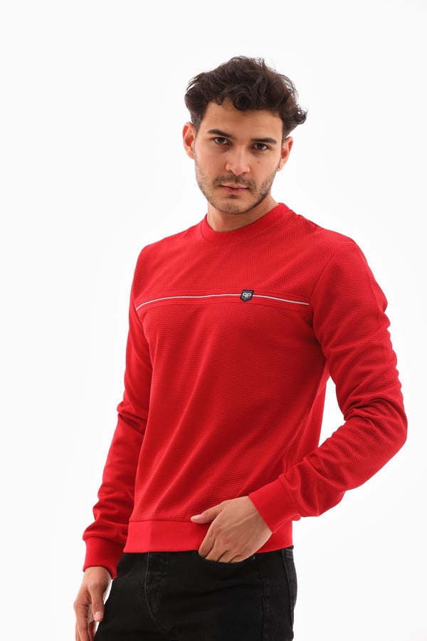 Erkek Kırmızı Renk Mare Jaker Kumaş - Bisiklet Yaka Uzun Kol, Gögüste Şerit Nakış Sweat - 7657