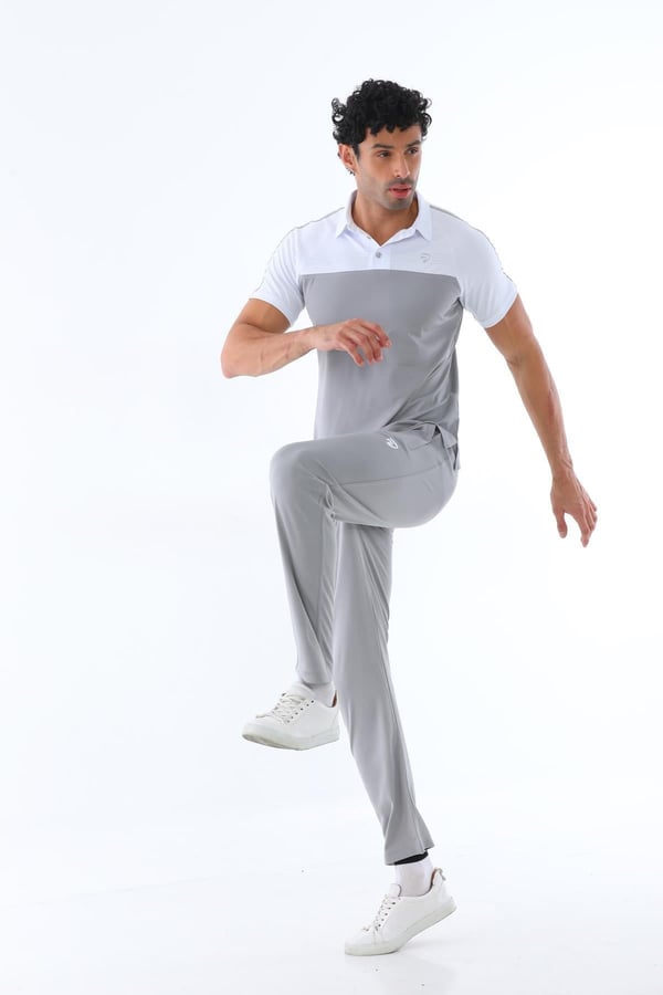 Erkek Kombin Gri Merserize Kumaş Polo Yaka Omuz Çizgili Kısa Kollu T-Shirt, Gri Eşofman Alt Üst Takım - 151
