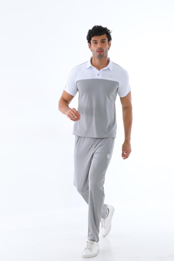 Erkek Kombin Gri Merserize Kumaş Polo Yaka Omuz Çizgili Kısa Kollu T-Shirt, Gri Eşofman Alt Üst Takım - 151
