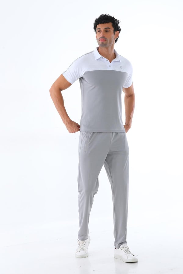 Erkek Kombin Gri Merserize Kumaş Polo Yaka Omuz Çizgili Kısa Kollu T-Shirt, Gri Eşofman Alt Üst Takım - 151