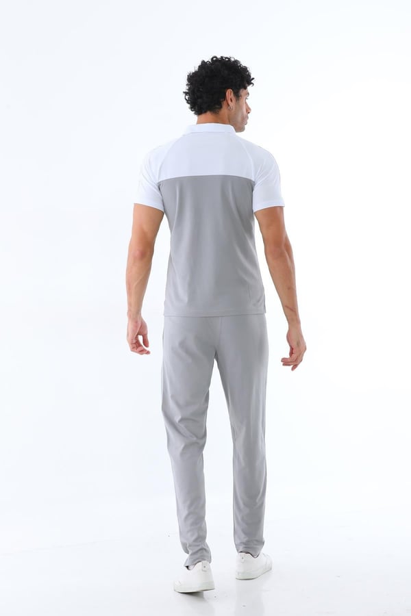 Erkek Kombin Gri Merserize Kumaş Polo Yaka Omuz Çizgili Kısa Kollu T-Shirt, Gri Eşofman Alt Üst Takım - 151