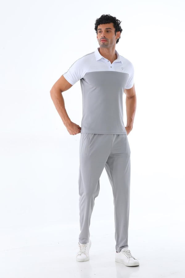 Erkek Kombin Gri Merserize Kumaş Polo Yaka Omuz Çizgili Kısa Kollu T-Shirt, Gri Eşofman Alt Üst Takım - 151