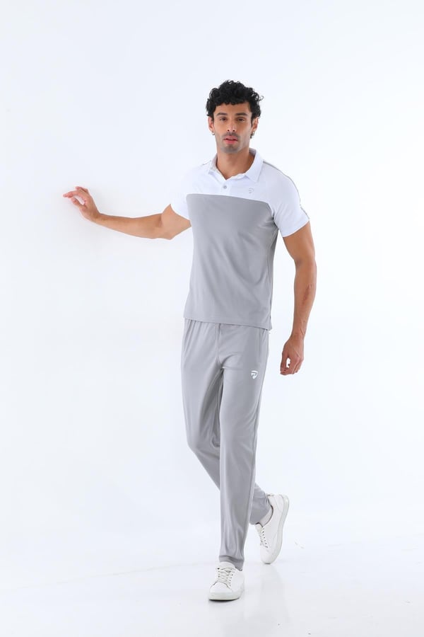 Erkek Kombin Gri Merserize Kumaş Polo Yaka Omuz Çizgili Kısa Kollu T-Shirt, Gri Eşofman Alt Üst Takım - 151