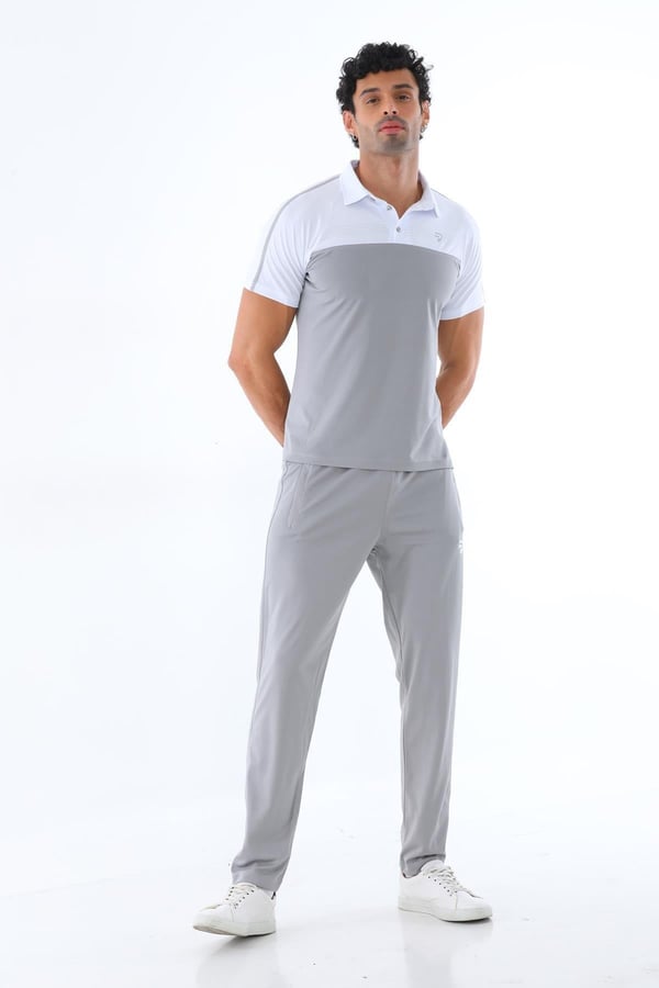 Erkek Kombin Gri Merserize Kumaş Polo Yaka Omuz Çizgili Kısa Kollu T-Shirt, Gri Eşofman Alt Üst Takım - 151
