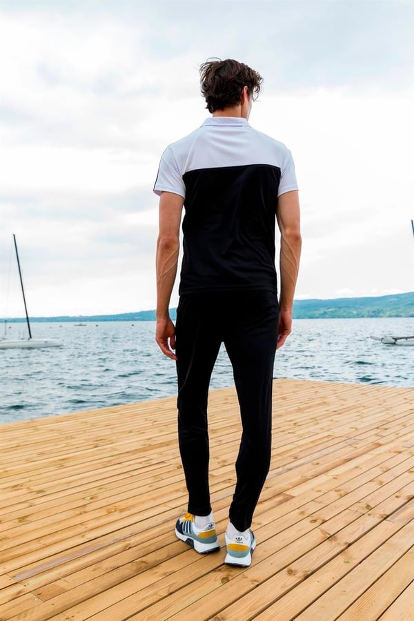 Erkek Kombin Lacivert Merserize Kumaş Polo Yaka Omuz Çizgili Kısa Kollu T-Shirt, Lacivert Eşofman Alt Üst Takım - 151