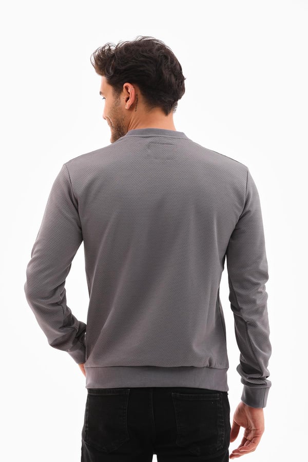 Erkek Koyu Gri Renk Mare Jaker Kumaş - Bisiklet Yaka Uzun Kol, Gögüste Şerit Nakış Sweat - 7657