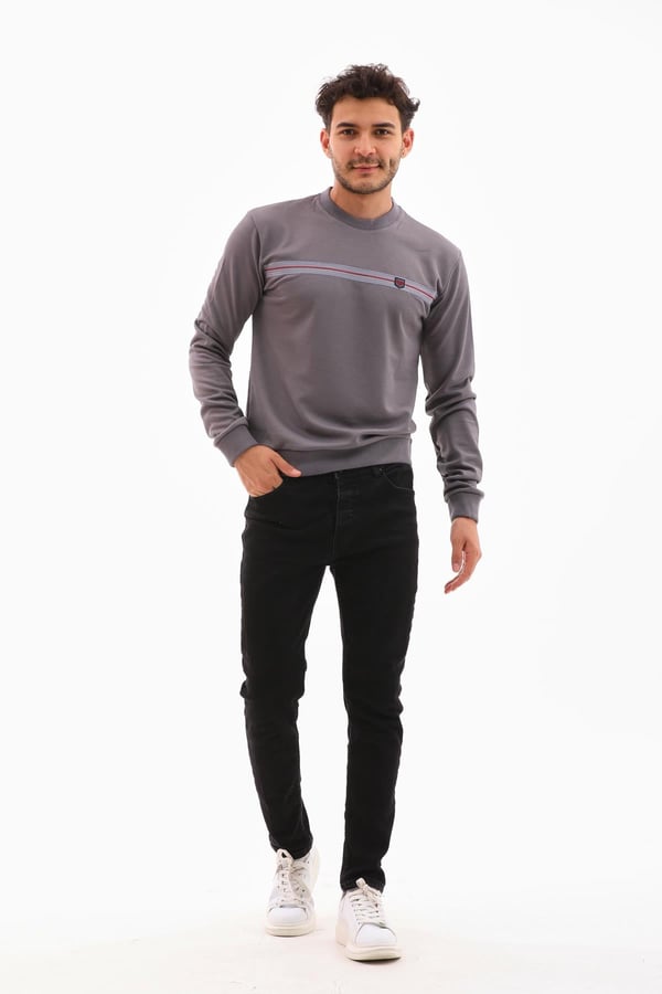 Erkek Koyu Gri Renk Mare Jaker Kumaş - Bisiklet Yaka Uzun Kol, Gögüste Şerit Nakış Sweat - 7657