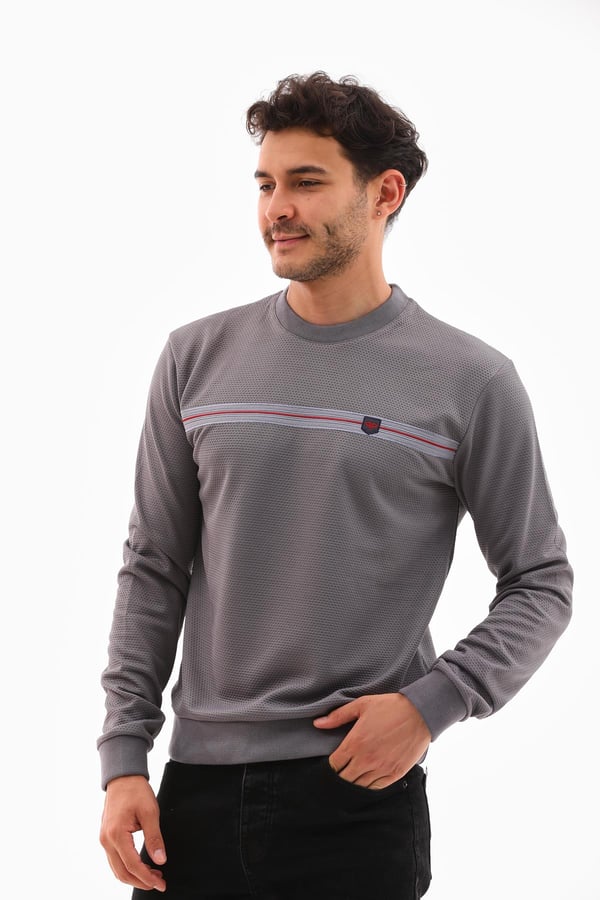 Erkek Koyu Gri Renk Mare Jaker Kumaş - Bisiklet Yaka Uzun Kol, Gögüste Şerit Nakış Sweat - 7657