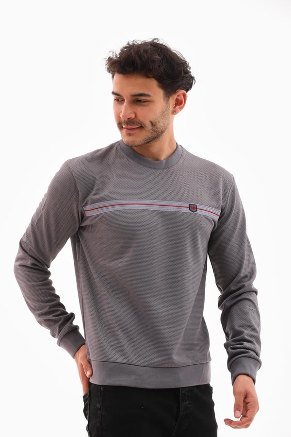 Erkek Koyu Gri Renk Mare Jaker Kumaş - Bisiklet Yaka Uzun Kol, Gögüste Şerit Nakış Sweat - 7657
