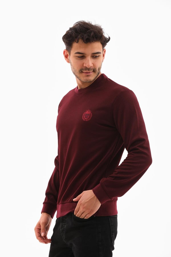 Erkek Vişne Renk Mare Jaker Kumaş, Bisiklet Yaka Uzun Kollu Üst Sweat - 7656