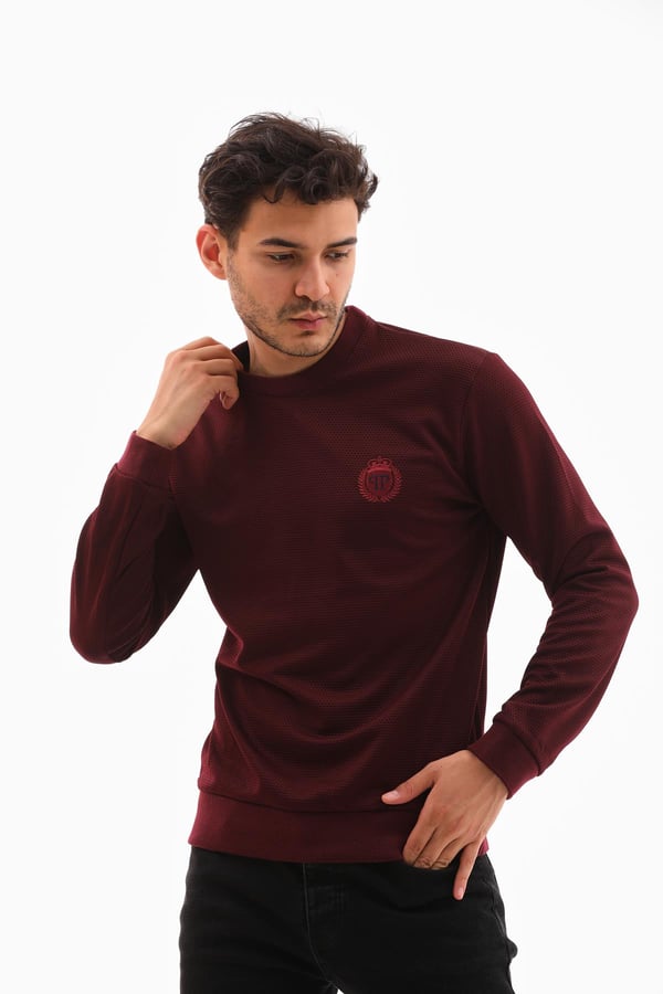 Erkek Vişne Renk Mare Jaker Kumaş, Bisiklet Yaka Uzun Kollu Üst Sweat - 7656