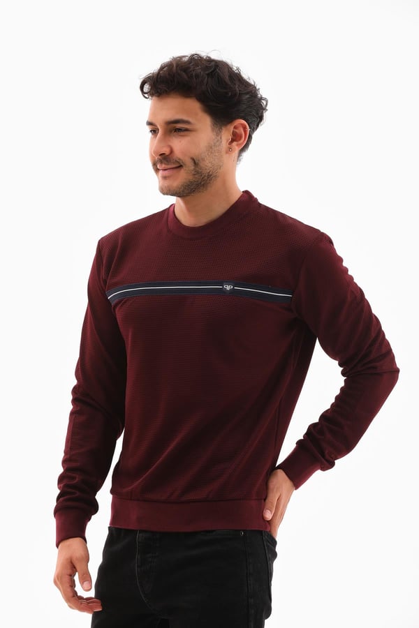 Erkek Vişne Renk Mare Jaker Kumaş - Bisiklet Yaka Uzun Kol, Gögüste Şerit Nakış Sweat - 7657