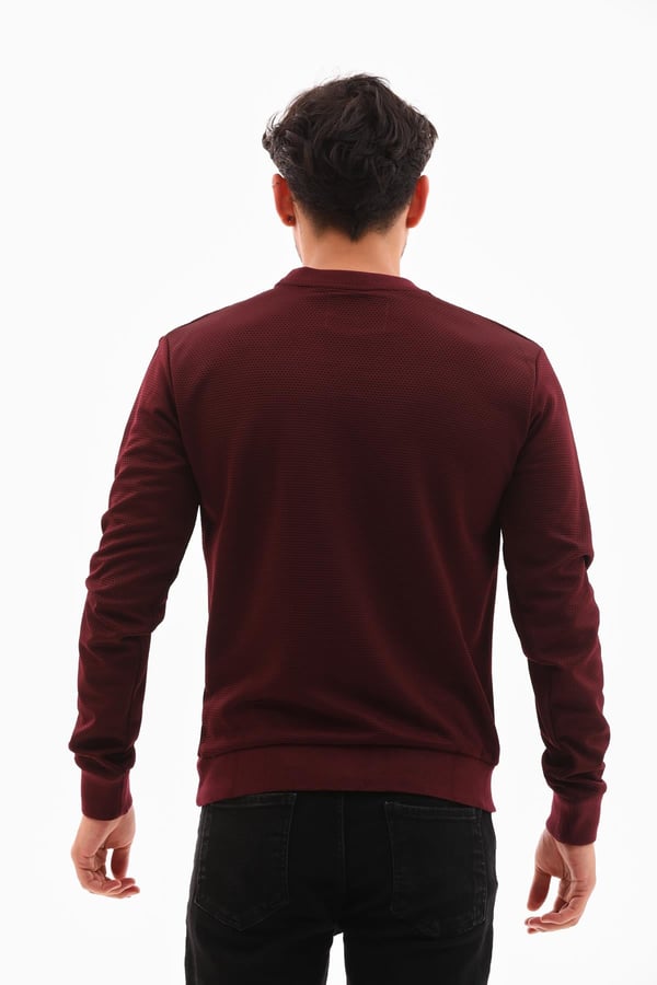Erkek Vişne Renk Mare Jaker Kumaş - Bisiklet Yaka Uzun Kol, Gögüste Şerit Nakış Sweat - 7657
