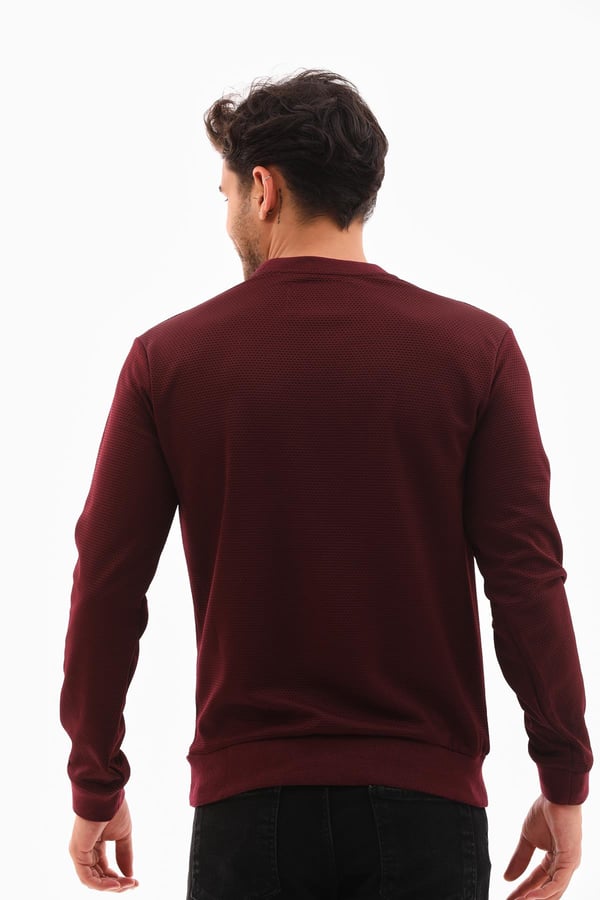 Erkek Vişne Renk Mare Jaker Kumaş, Bisiklet Yaka Uzun Kollu Üst Sweat - 7656