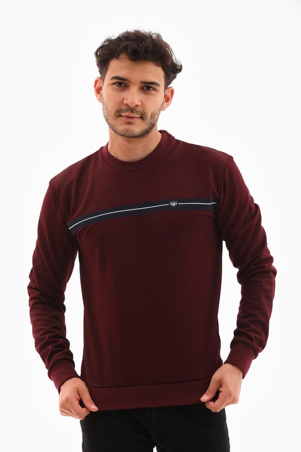 Erkek Vişne Renk Mare Jaker Kumaş - Bisiklet Yaka Uzun Kol, Gögüste Şerit Nakış Sweat - 7657