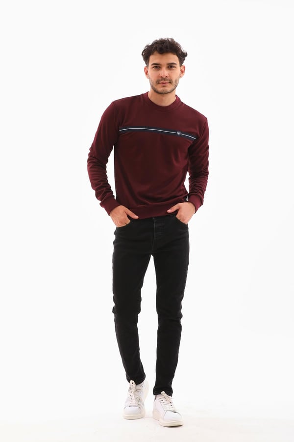Erkek Vişne Renk Mare Jaker Kumaş - Bisiklet Yaka Uzun Kol, Gögüste Şerit Nakış Sweat - 7657