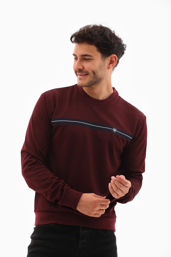 Erkek Vişne Renk Mare Jaker Kumaş - Bisiklet Yaka Uzun Kol, Gögüste Şerit Nakış Sweat - 7657