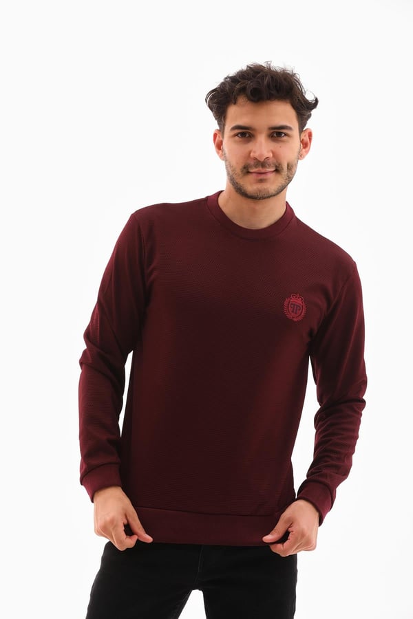 Erkek Vişne Renk Mare Jaker Kumaş, Bisiklet Yaka Uzun Kollu Üst Sweat - 7656
