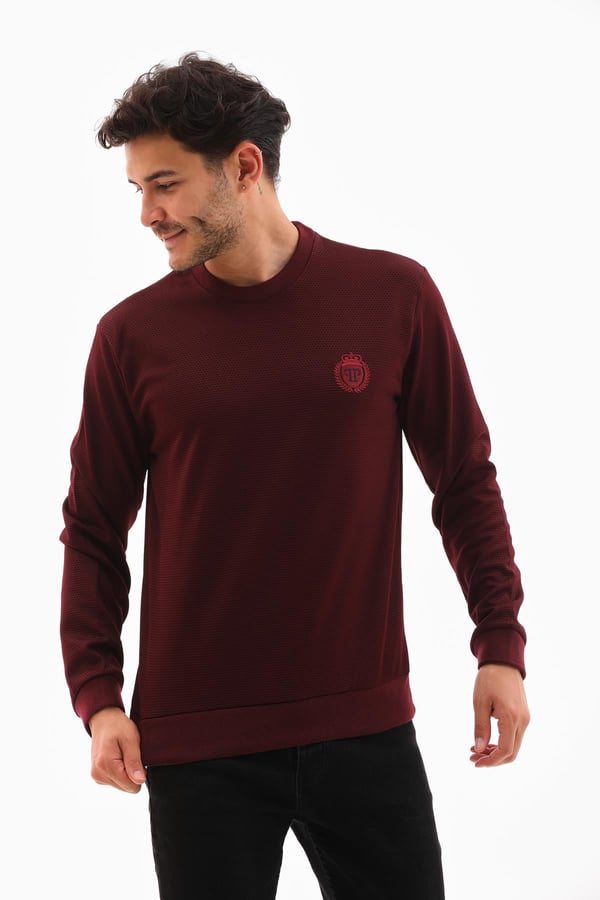 Erkek Vişne Renk Mare Jaker Kumaş, Bisiklet Yaka Uzun Kollu Üst Sweat - 7656