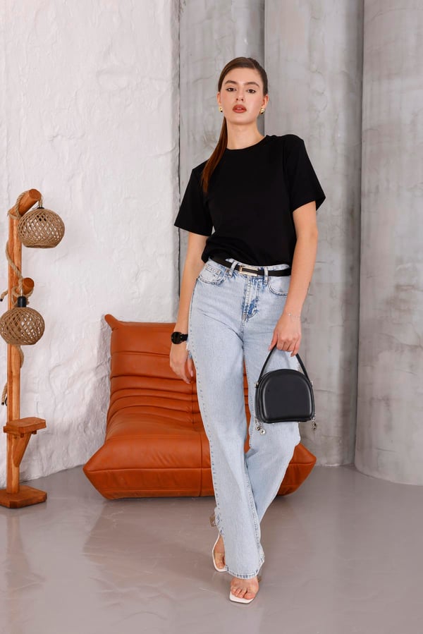 Kadın Siyah Bisiklet Yaka Basic T-shirt - 168