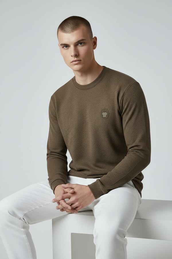 Erkek Haki Mare Jaker Kumaş Bisiklet Yaka Sweatshirt - 76566