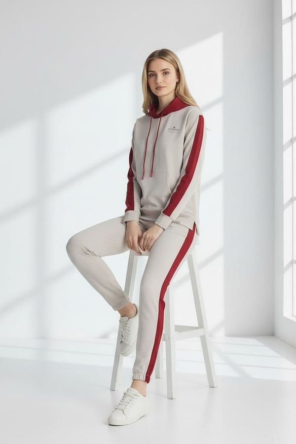 Kadın Taş Kırmızı İki İplik Rahat Kesin Kapüşonlu Şeritli Eşofman Takımı - 77755