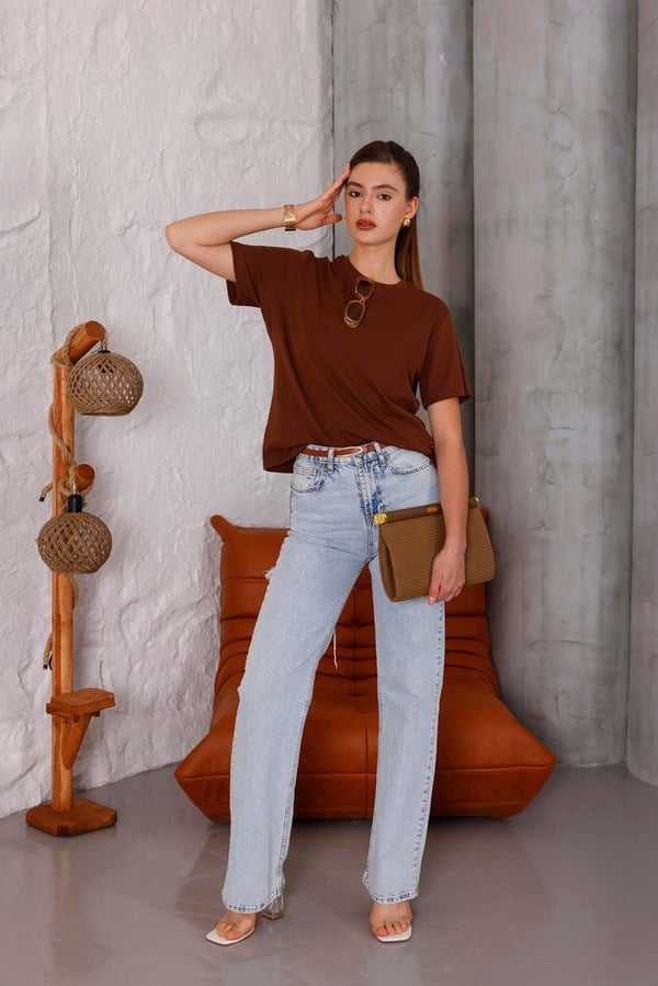 Kadın Kahverengi Bisiklet Yaka Basic T-shirt - 168