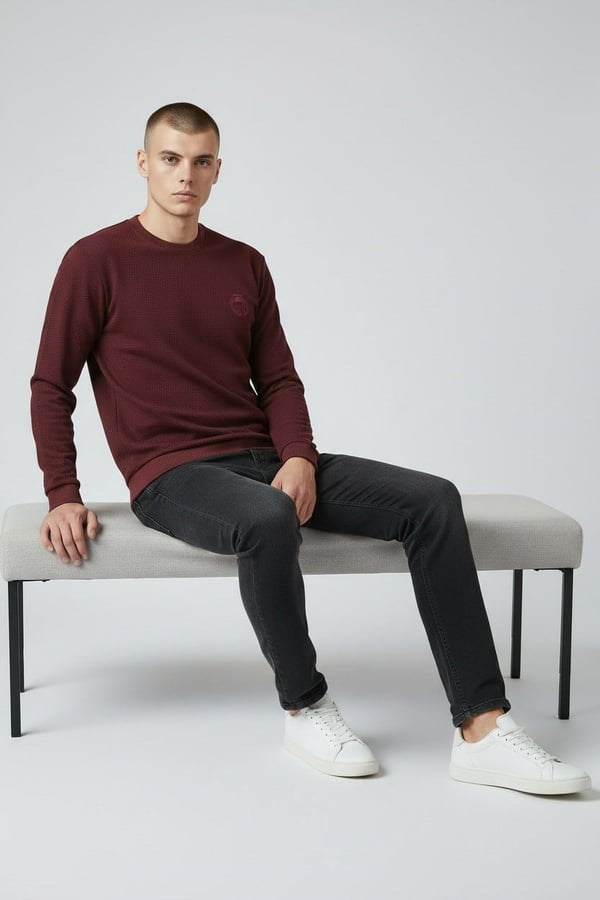 Erkek Vişne Mare Jaker Kumaş Bisiklet Yaka Sweatshirt - 76566