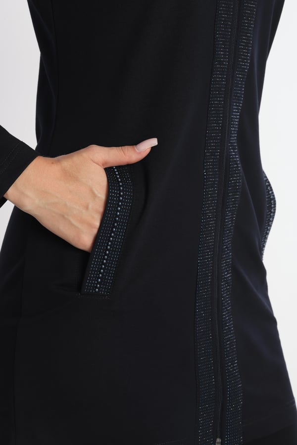Kadın Lacivert İki İplik Kumaş, Cepli Bisiklet Yaka Taşlı Boncuklu, Fermuar Tunik Takım - 7641