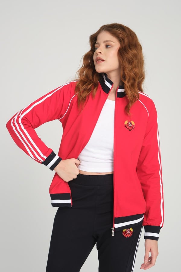 Kadın Sportswear Kırmızı Fermuarlı Uzun Kol Alt Üst Eşofman Cepli Takım - 7663