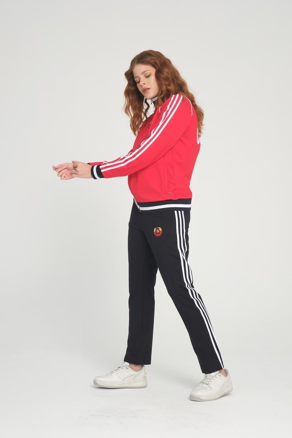 Kadın Sportswear Kırmızı Fermuarlı Uzun Kol Alt Üst Eşofman Cepli Takım - 7663