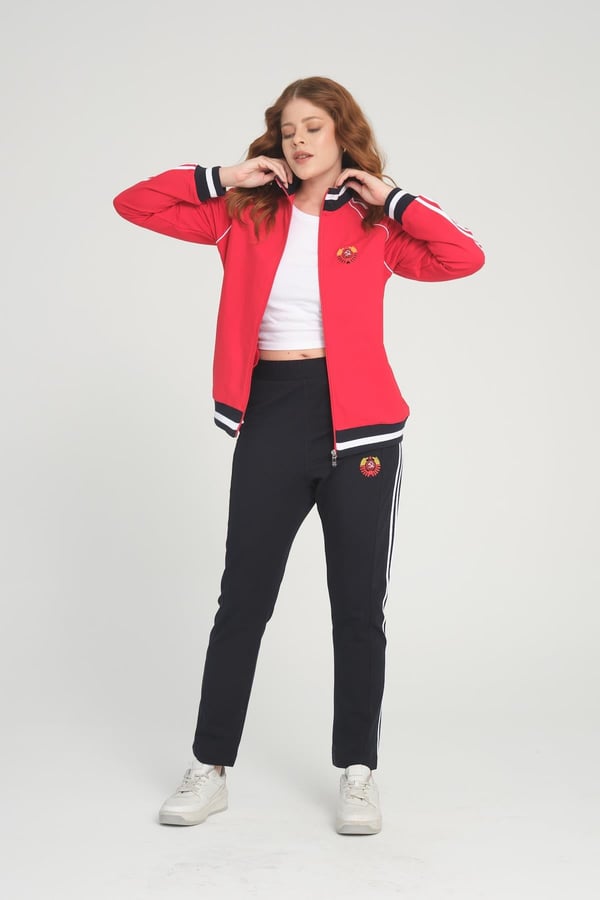 Kadın Sportswear Kırmızı Fermuarlı Uzun Kol Alt Üst Eşofman Cepli Takım - 7663