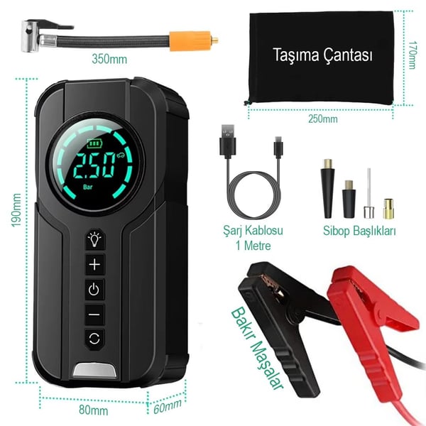 BUWEI 1920 POWERBANK AKÜ ŞARJ LASTİK HAVA KOMPRESÖRÜ ŞİŞİRİCİ Fiyatı - Merter Elektronik