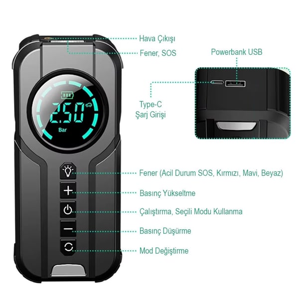 BUWEI 1920 POWERBANK AKÜ ŞARJ LASTİK HAVA KOMPRESÖRÜ ŞİŞİRİCİ Fiyatı - Merter Elektronik