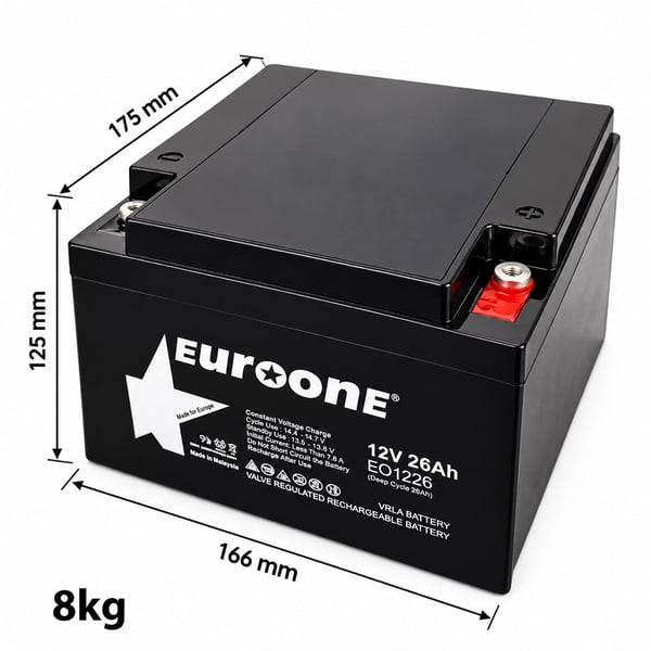 EUROONE EO1226 12 VOLT 26 AMPER KURU AKÜ (165 X 176 X 125 MM) (8KG) Fiyatı - Merter Elektronik