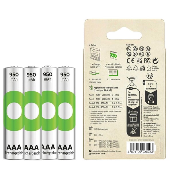 GP RECYKO B441 4 X 950 MAH R03 AAA PİLLİ ŞARJ CİHAZI (GP-B441/100HCER21-2GTLB4)