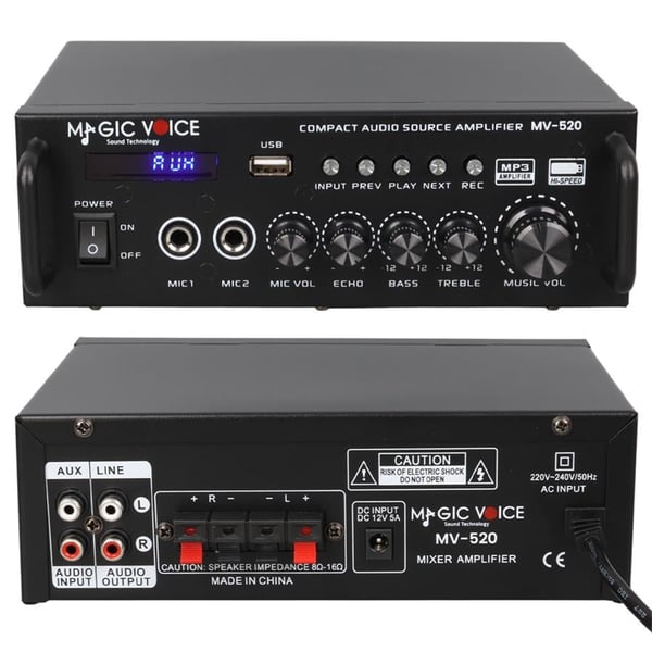 MagicVoice MV-520 30Watt USB/SD/UK Bluetooth 2 Giriş 220/12V Trafosuz Amfi - Anfi Fiyatı - Merter Elektronik