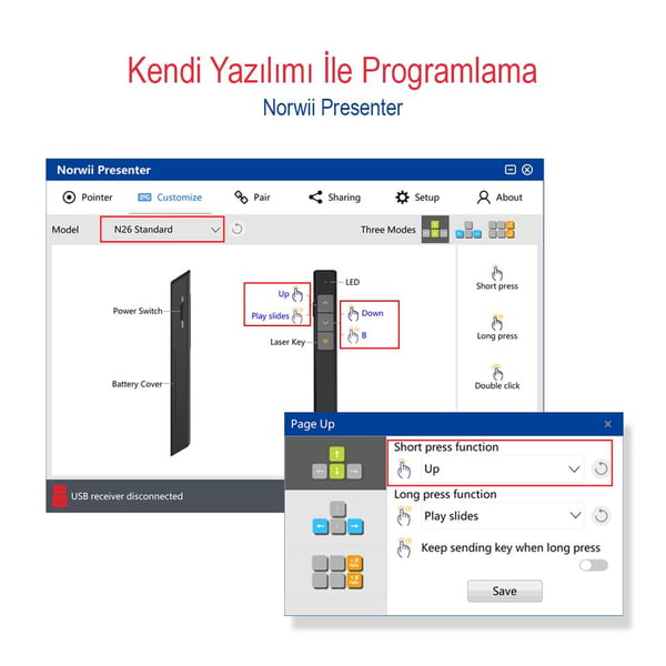 Norwii N26 2.4Ghz USB Kablosuz Profesyonel Sunum Kumandası (100M Kırmızı Lazer Menzil) Fiyatı - Merter Elektronik