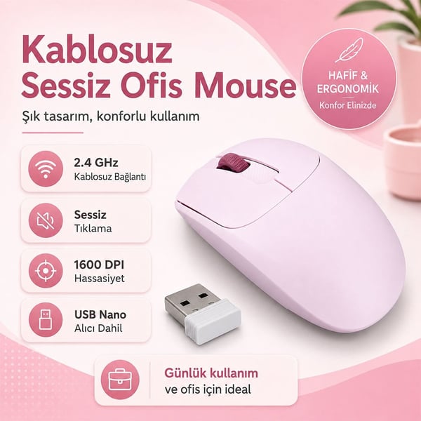 PHILIPS SPK7398P 1600 DPI SESSİZ TIKLAMA PEMBE KABLOSUZ OFİS MOUSE