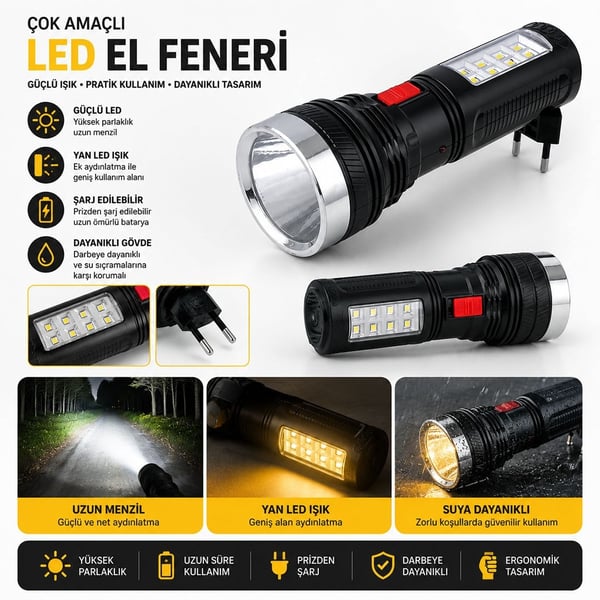 Powermaster 1 Watt 8 Smd Led'li Şarjlı El Feneri Fiyatı - Merter Elektronik