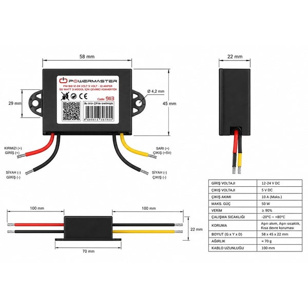 Powermaster 12 - 24 Volt 10 A - 5 V - 50 W 3 Modül İçin Çevirici Konvertör Fiyatı - Merter Elektronik