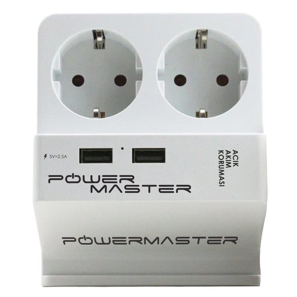 POWERMASTER 16 AMPER - 2000 WATT - 250 JOULE 2Lİ 1.5 METRE KABLOLU ÇİFT USBLİ KABLOLU AKIM KORUMALI PRİZ
