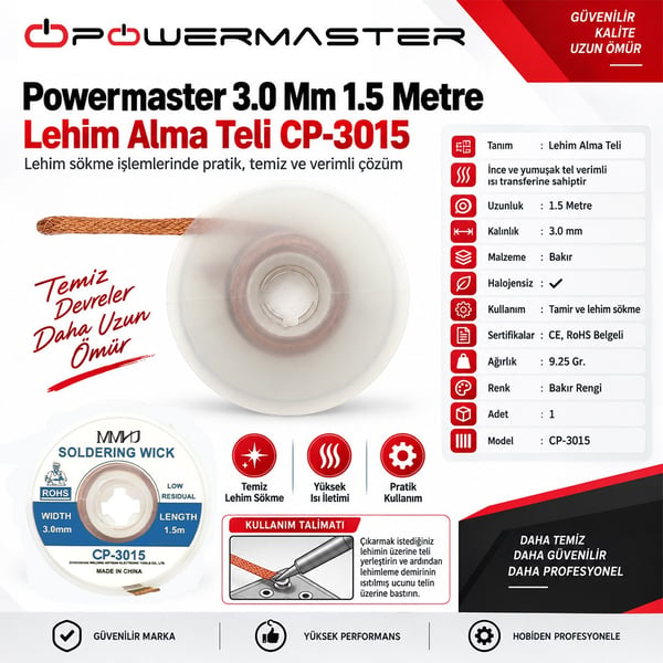 Powermaster 3.0 Mm 1.5 Metre Lehim Alma Teli CP-3015 Fiyatı - Merter Elektronik