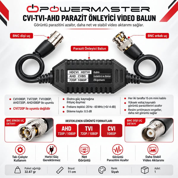 Powermaster CVI-TVI-AHD Parazit Önleyici Video Balun Fiyatı - Merter Elektronik