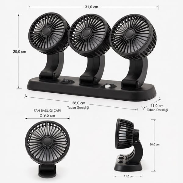 Powermaster Fan40 12 Volt Dc Çakmaklıklı Mini 3Lü Plastik Araç Fanı Fiyatı - Merter Elektronik